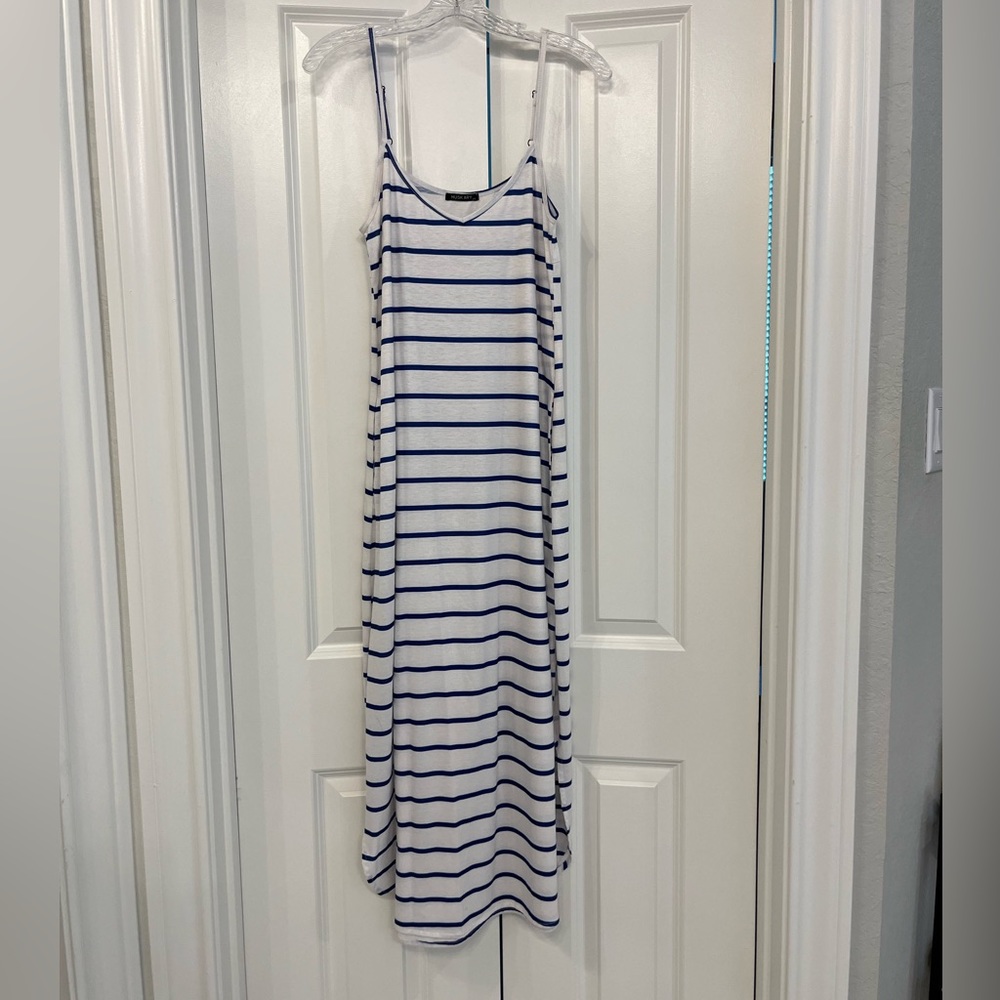 Blue and white striped maxi dress